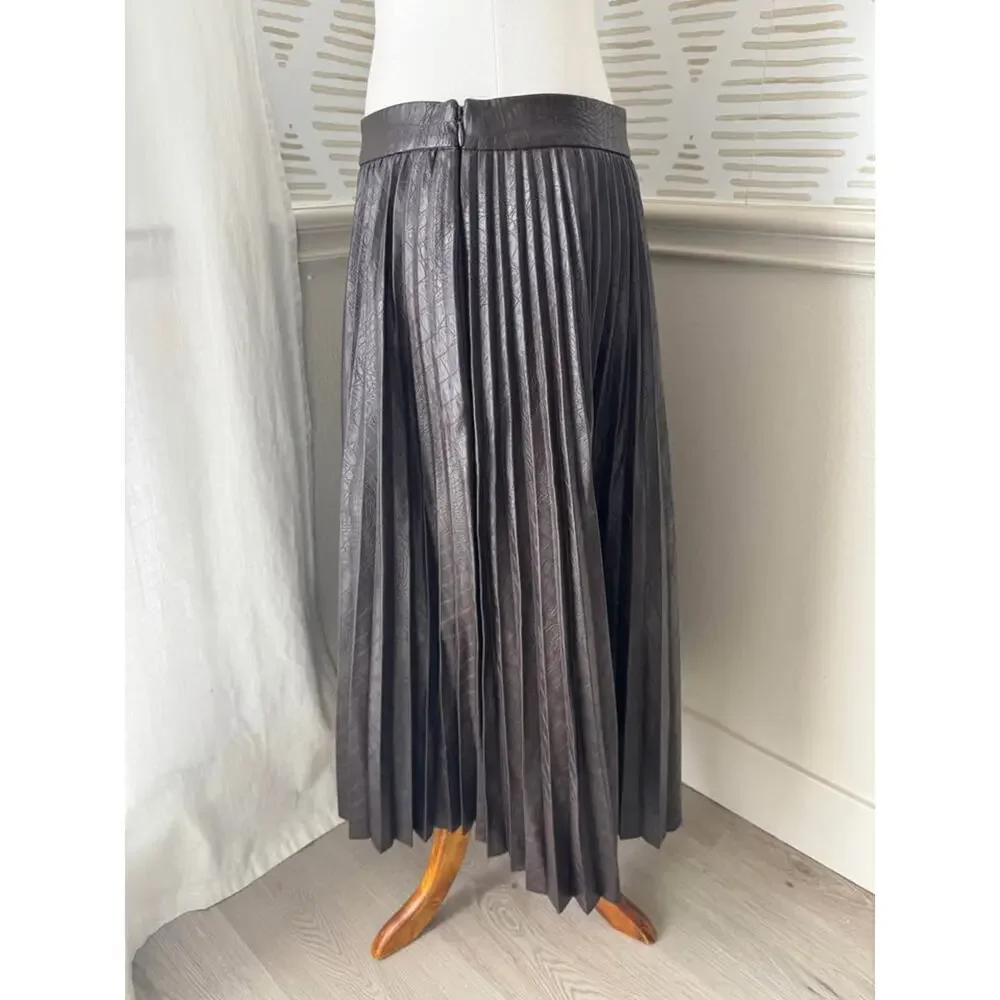 Halogen x Atlantic-Pacific Chocolate Brown Pleated Croc Faux Leather Midi Skirt